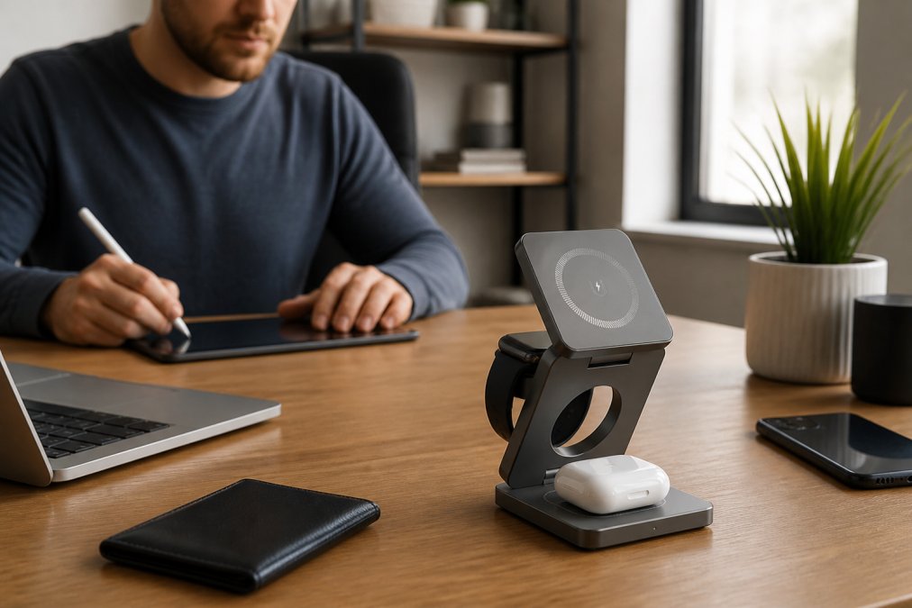 Remote worker at a home office desk with organized wireless charging station holding phone, smartwatch, and earbuds; multiple tech accessories arranged neatly; clean cable-free setup with natural window lighting