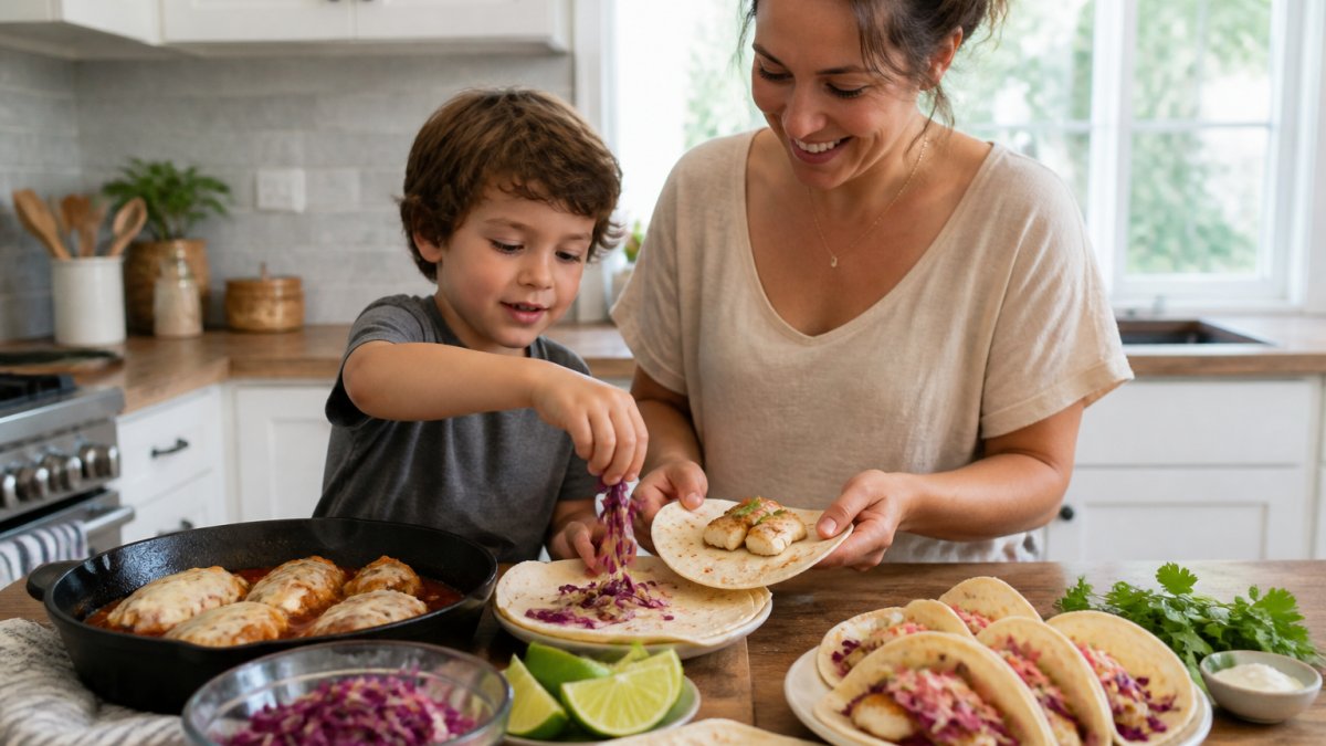 Parent and child assembling fish tacos in a kitchen for fast dinner ideas with chicken parmesan nearby.