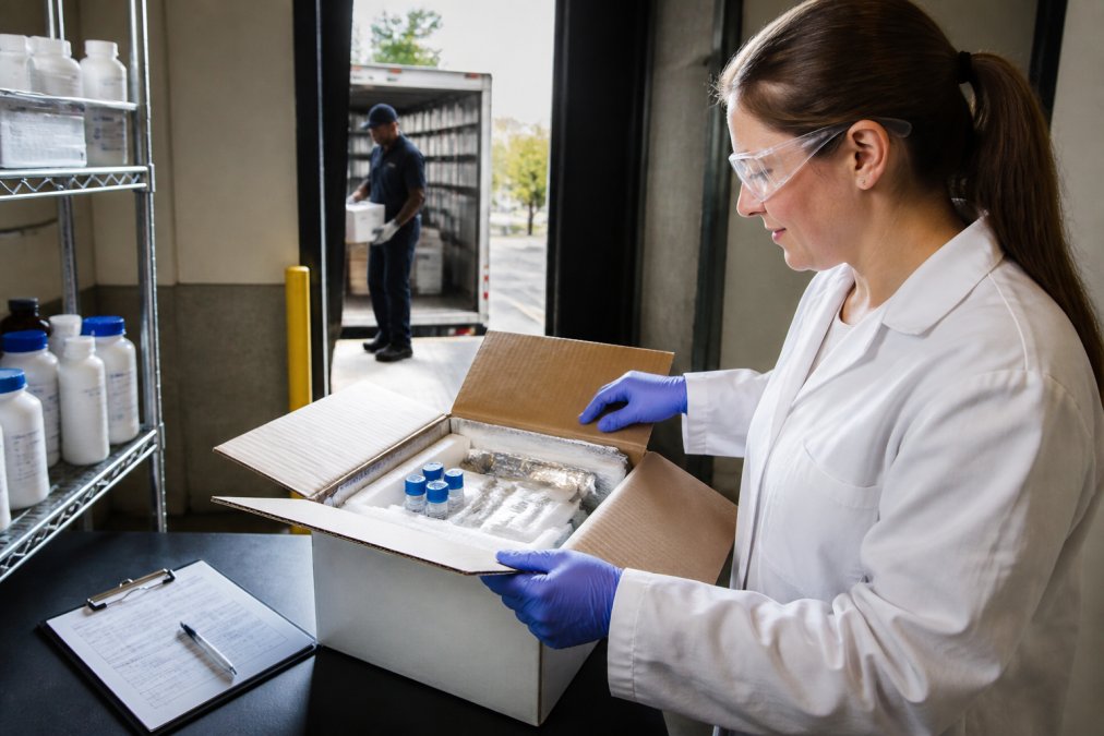 A laboratory technician in blue nitrile gloves and safety glasses receiving a temperature-controlled shipping box at a loading dock, opening it to reveal insulated packaging and labeled vials, with a clipboard and order tracking screen visible on a nearby bench