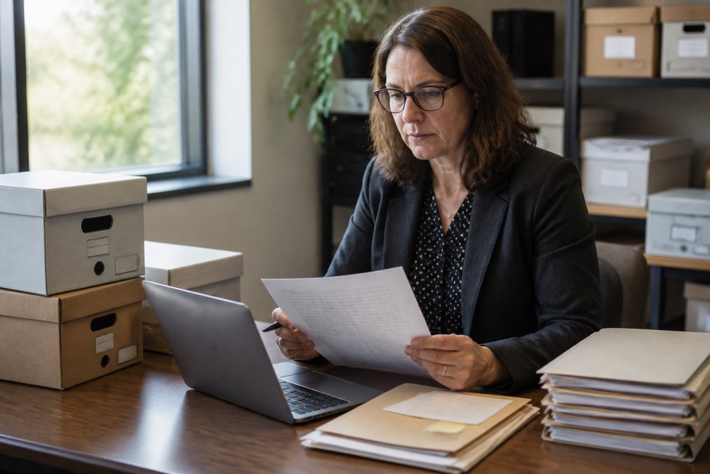 A records manager in a well-lit office reviewing a printed inventory checklist beside a stack of labeled archive boxes and a laptop showing a folder of scanned files