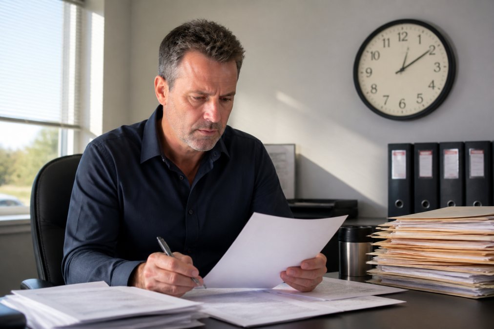 Why Speed Matters: The 24-Hour Reporting Requirement Fleet manager at desk reviewing compliance documents with clock visible in background, representing time-sensitive DOT Clearinghouse deadlines under bright office lighting