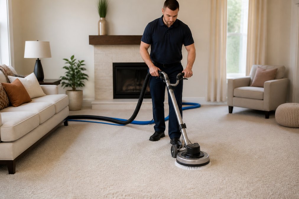 A professional technician in a clean uniform operating a low-moisture carpet cleaning machine with a rotating brush head in a bright, modern living room