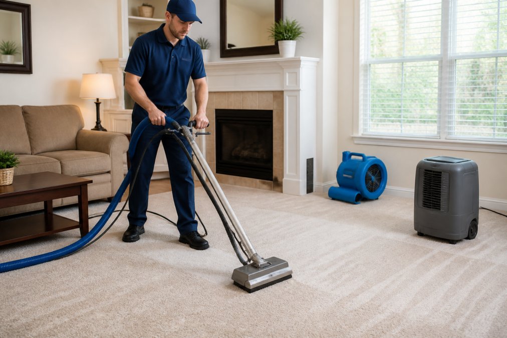 A professional cleaner in uniform using a low-moisture carpet cleaning machine on a light-colored carpet in a bright living room, with a fan and dehumidifier visible in the background