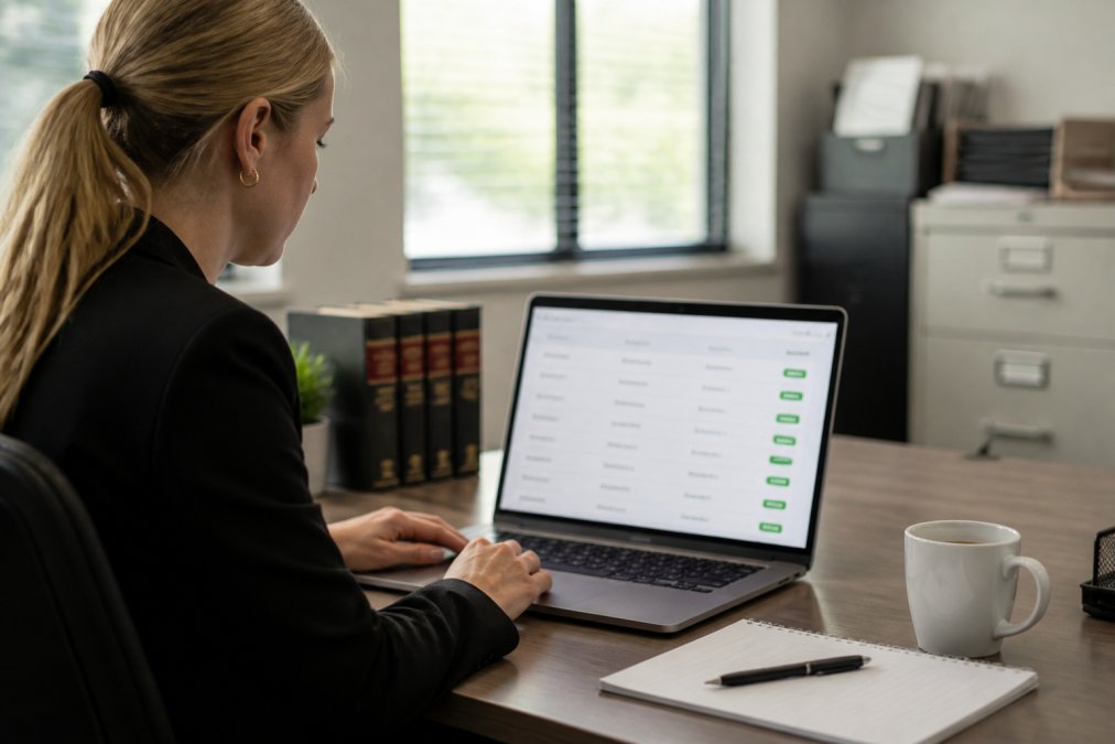Paralegal reviewing a secure electronic service of process dashboard with a delivered status on a laptop screen