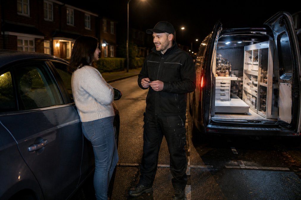 A locksmith in a branded van arriving at night, with a driver standing next to a locked car looking relieved. Streetlights illuminate the scene.