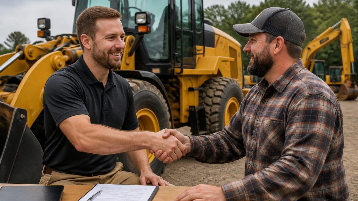 A dealership salesperson shaking hands with a customer in front of a heavy equipment machine, both smiling, with a tablet showing a financing approval on the desk nearby