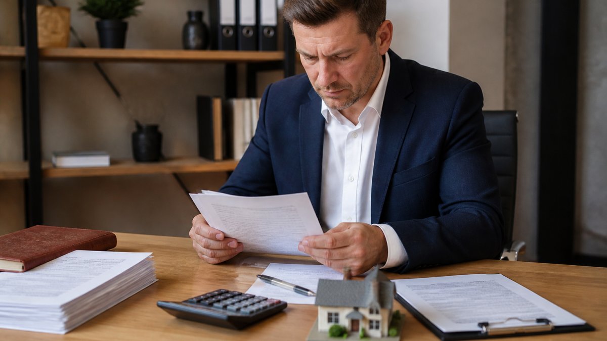 Professional reviewing loan documents and a property deed for an equity loan inherited property at a desk.