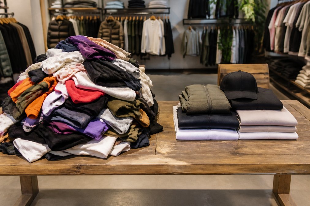 Twee stapels kleding naast elkaar in een winkelomgeving: links een berg snelle, goedkope kledingstukken in verschillende kleuren die rommelig door elkaar liggen, rechts een verzorgde, kleinere selectie van hoogwaardigere kledingstukken netjes uitgestald