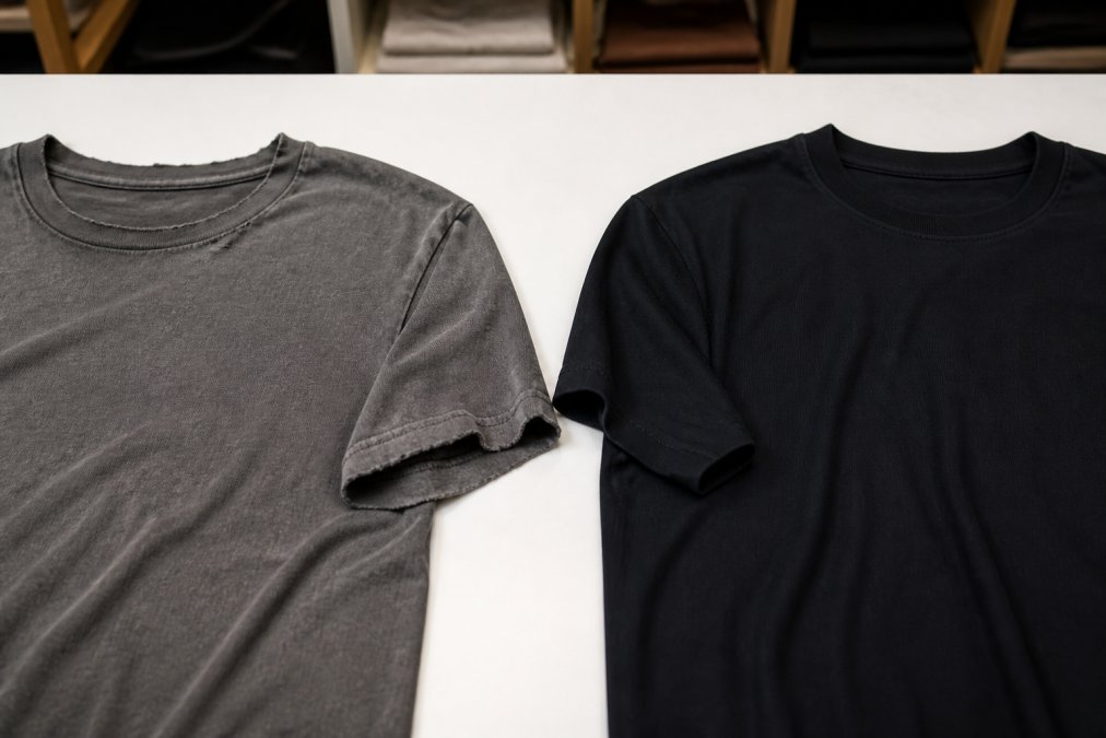 Close-up van twee t-shirts naast elkaar op een witte werkbank: links een versleten, verbleekt fast fashion-shirt met uitgerekte halslijn en rafelige naden, rechts een streetwear-shirt in goede staat met strakke naden en volle kleur, fotografisch contrast van duurzaamheid
