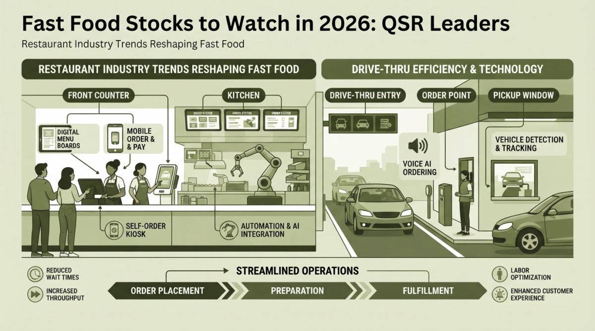 Busy fast food restaurant interior with customers ordering at counter and drive-thru window visible, showing typical QSR operations during peak hours with natural lighting