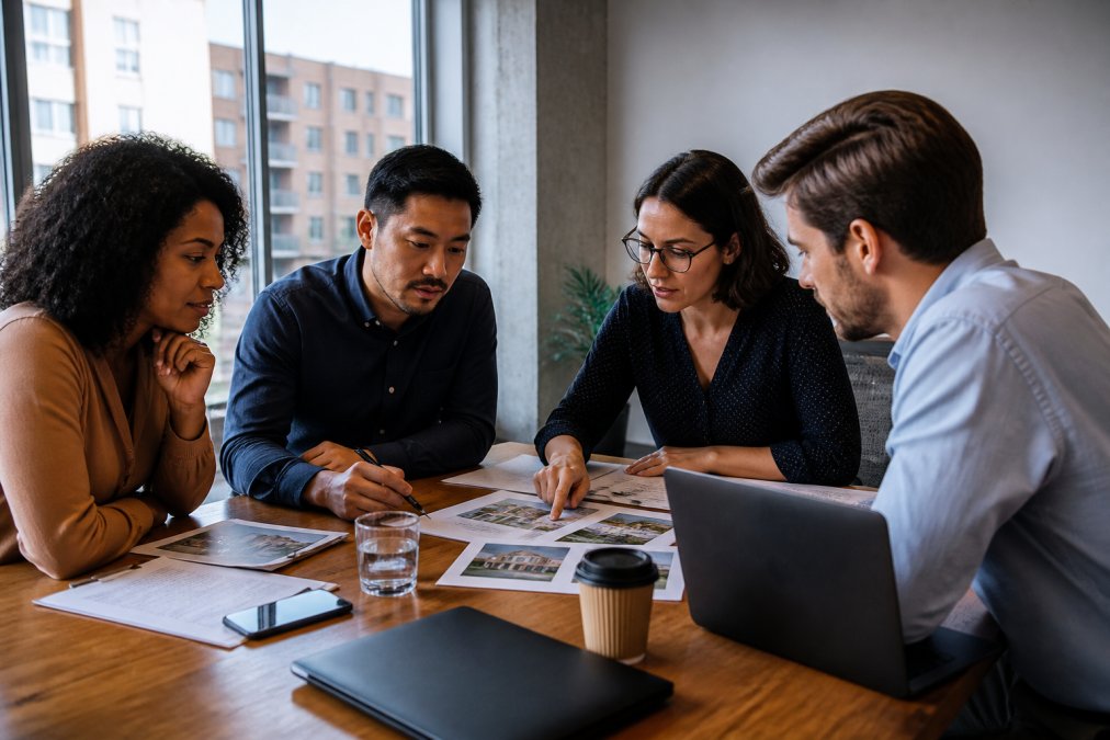 Diverse team of real estate professionals in a modern office reviewing investment property details and discussing funding strategy, natural lighting from large windows, laptops and property documents on table