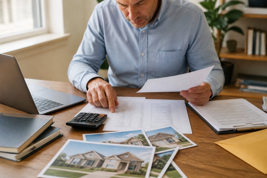Real estate investor reviewing property documents and loan paperwork at desk with laptop, calculator, and property photos spread out, natural office lighting