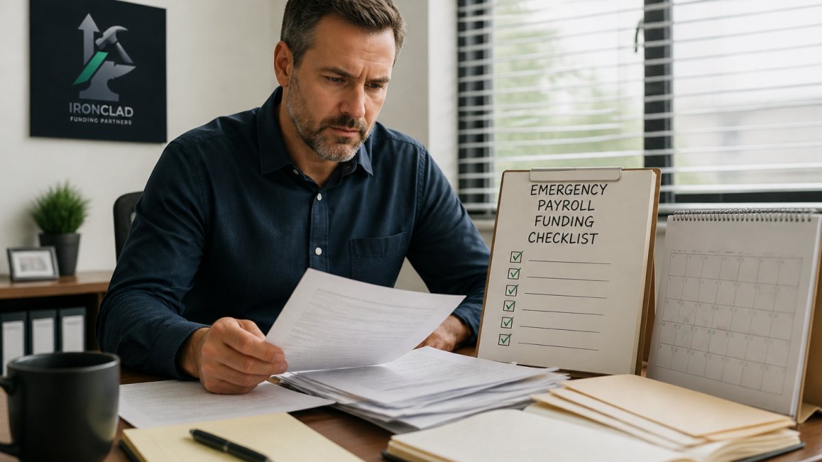 Business owner reviewing financial documents and laptop at desk with calendar and checklist visible, demonstrating focused preparation for payroll funding