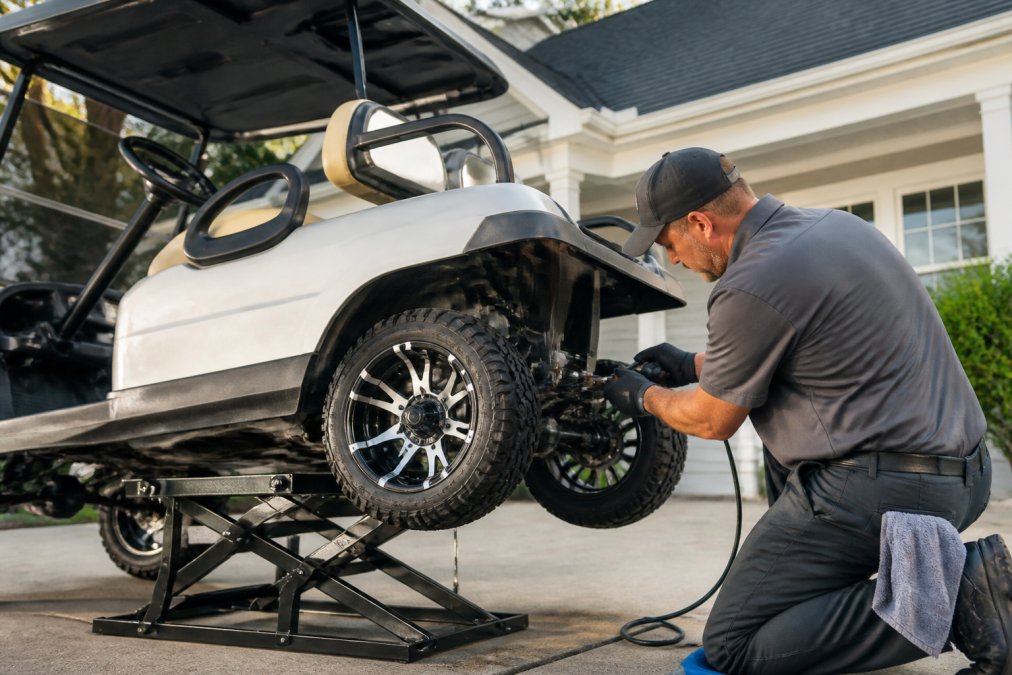 Mobile technician using a digital diagnostic tool for golf cart repair services in a residential driveway.
