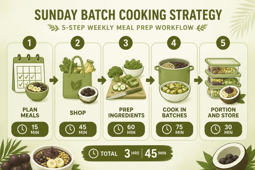 Flowchart showing 5-step weekly meal prep workflow: plan meals → shop → prep ingredients → cook in batches → portion and store, with time estimates for each phase