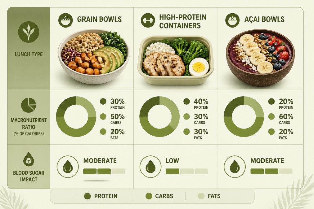 Comparison matrix showing macronutrient ratios (protein %, carbs %, fats %) for three lunch types: grain bowls, high-protein containers, and açai bowls, including blood sugar impact indicators