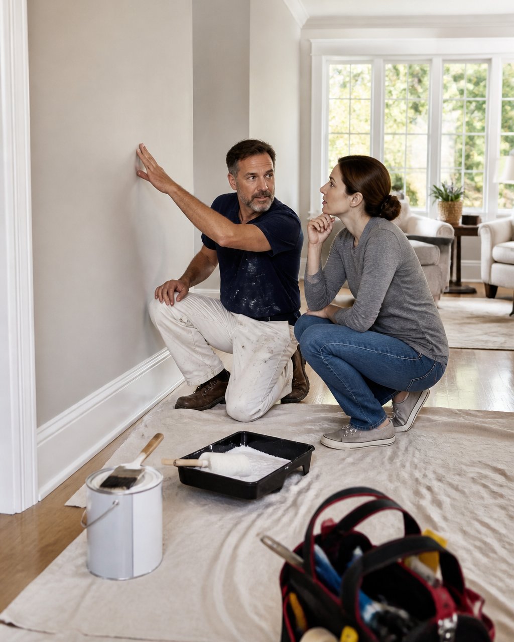 Homeowner and contractor examining freshly painted interior wall and repaired trim in bright living room, with paint supplies and tools visible on drop cloths