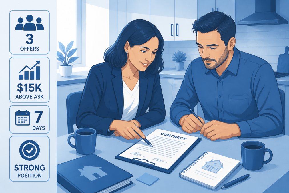Real estate agent and homeowner reviewing contract documents together at kitchen table with coffee, discussing terms and making notes, natural window lighting
