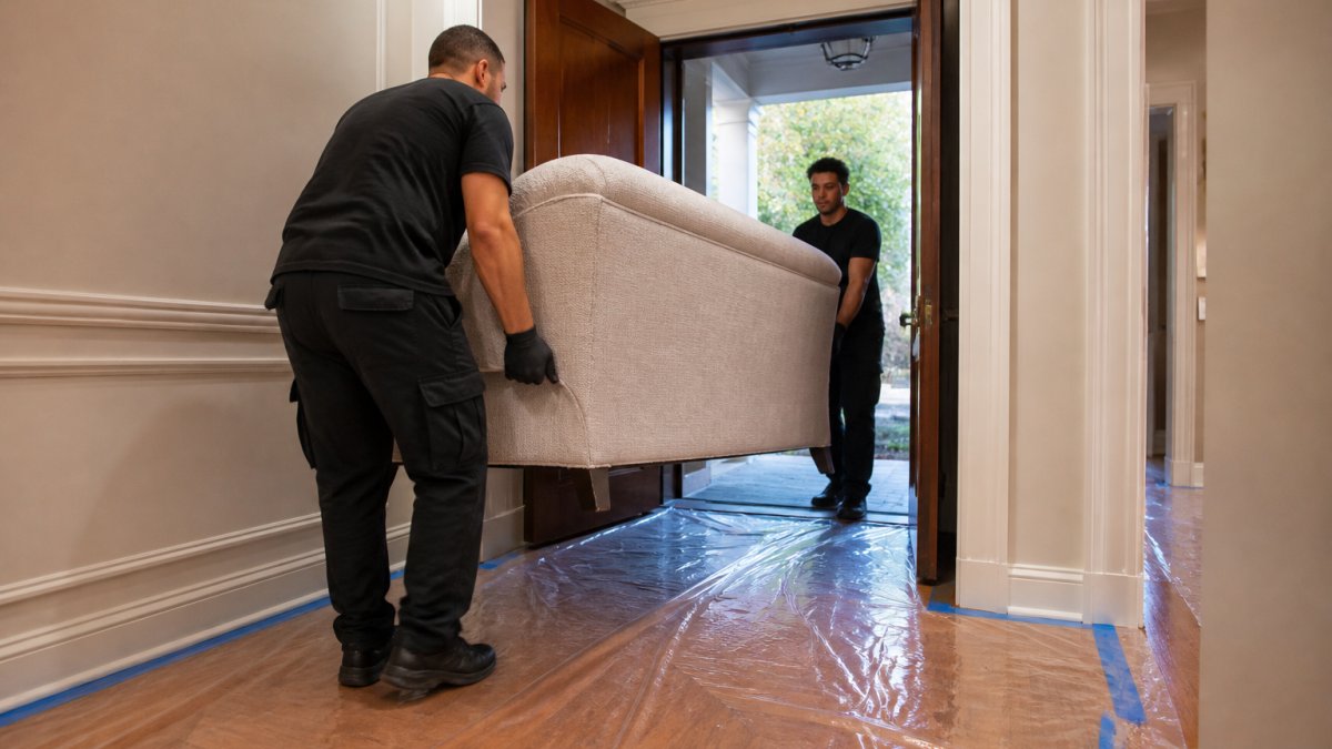 Professional crew carefully removing large upholstered furniture through doorway while protective plastic sheeting covers hardwood flooring, demonstrating attention to detail and floor protection during estate cleanout