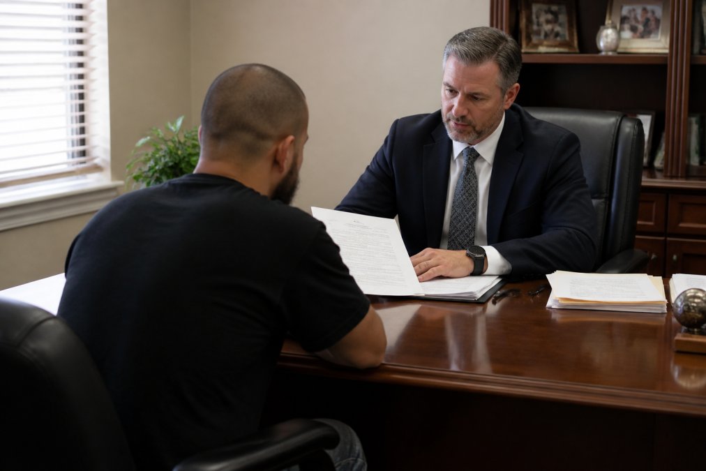 A professional bail bondsman in business attire seated across a desk from a client, reviewing documents together in a well-lit office with a name placard visible on the desk