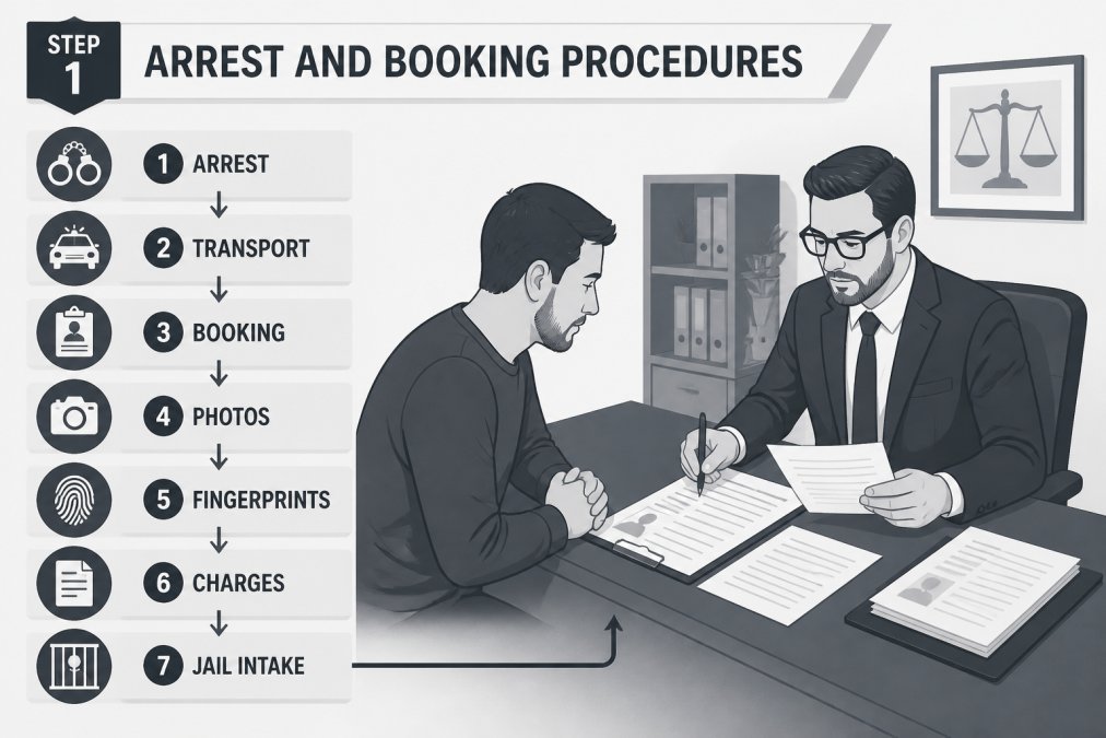 Professional bail bondsman in office reviewing arrest paperwork and intake documents with client at desk, showing consultation process