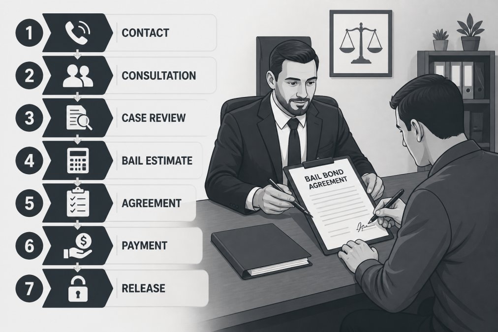 Licensed bail bondsman in professional office setting with client signing bail bond agreement, showing documentation and consultation process