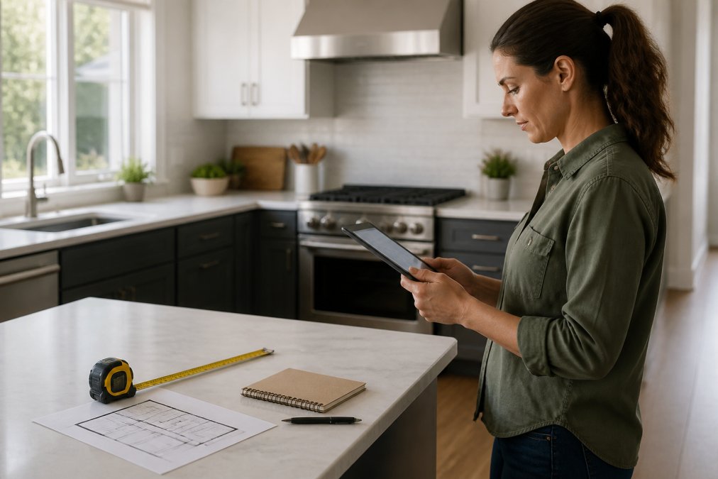 Homeowner reviewing a detailed checklist on a tablet while standing in a modern kitchen, with a measuring tape, notebook, and floor plan visible on the counter, natural light streaming through windows