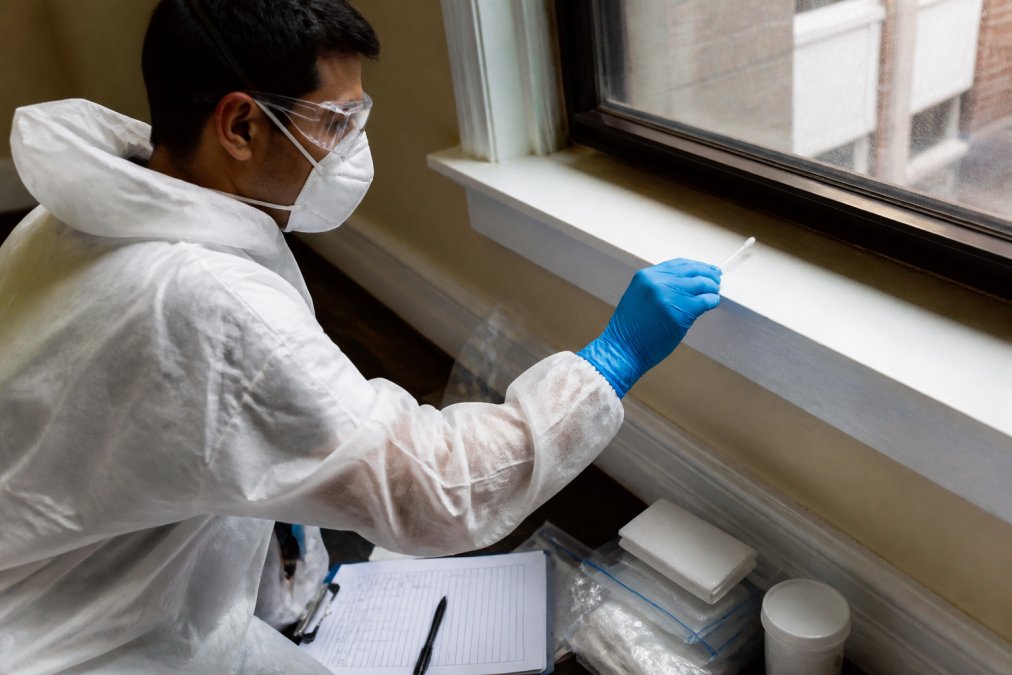 Certified professional performing lead dust testing Philadelphia on a windowsill using wipe sampling equipment.