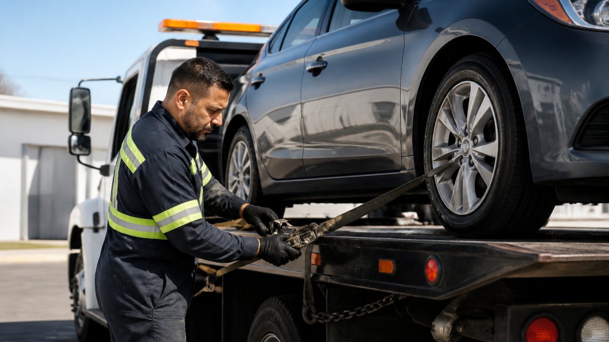 Professional tow truck operator performing vehicle inspection and securing a sedan on a flatbed tow truck during daytime with clear visibility