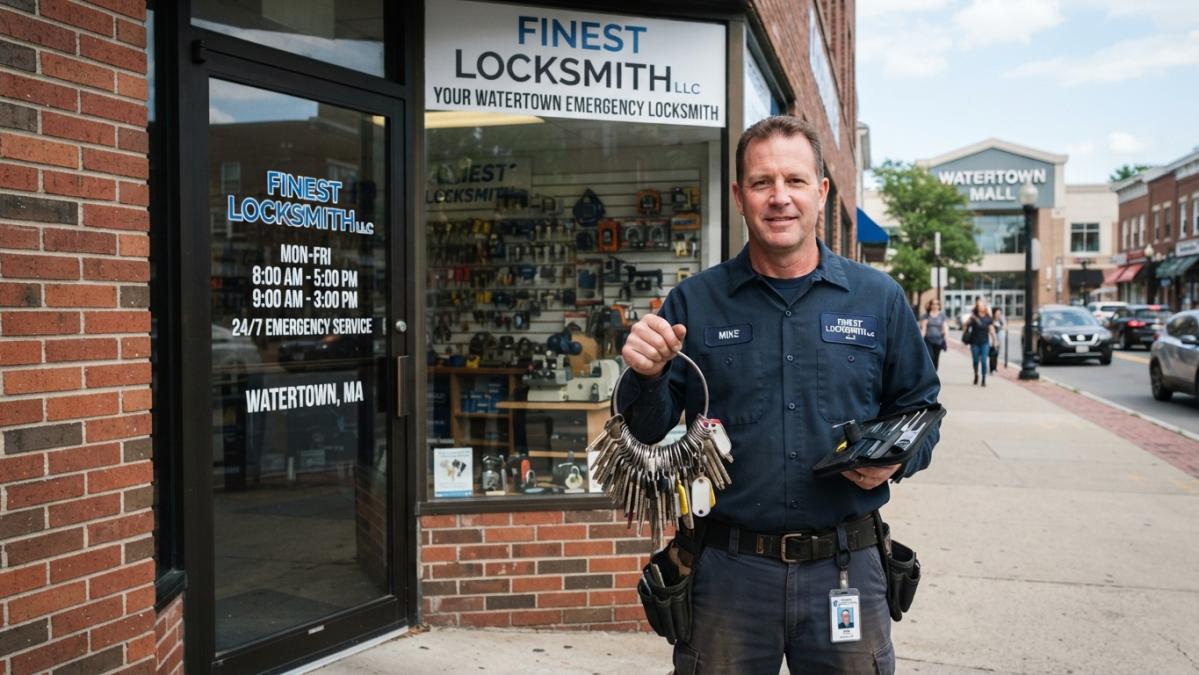 Professional locksmith technician in uniform holding specialized tools and a large key ring, standing in front of a storefront with clear "Finest Locksmith LLC" signage and business hours displayed