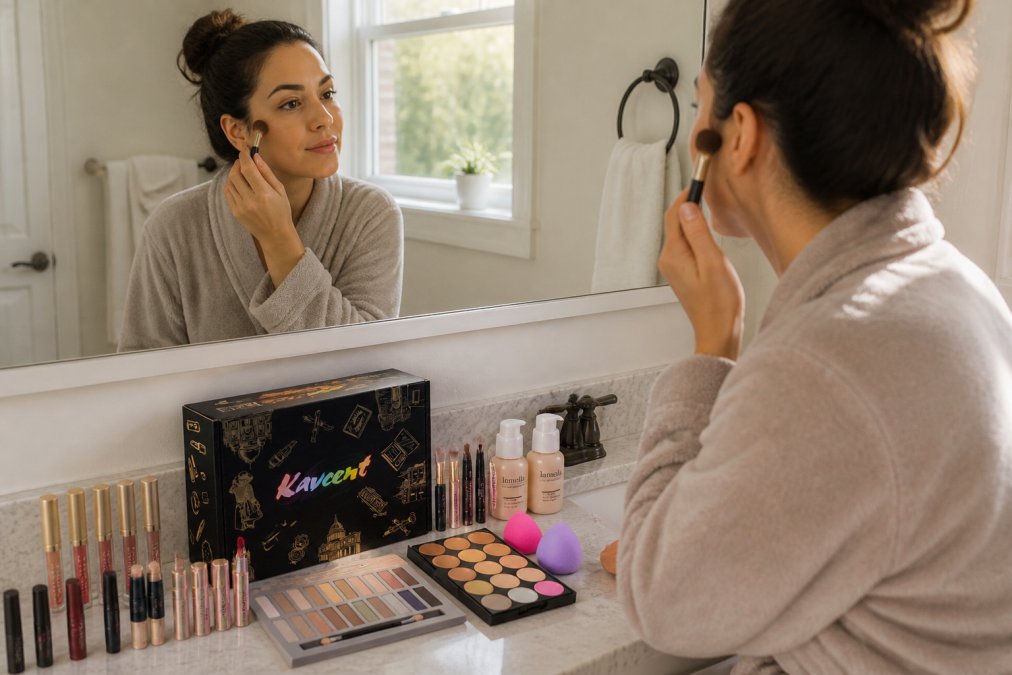 Busy mom applying makeup at a bathroom mirror with organized products on the counter, natural morning light streaming through the window, showing a focused but relaxed expression