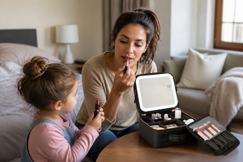 An open travel makeup bag displaying neatly organized cosmetics, brushes, and essentials with a compact mirror visible, ready for quick touchups