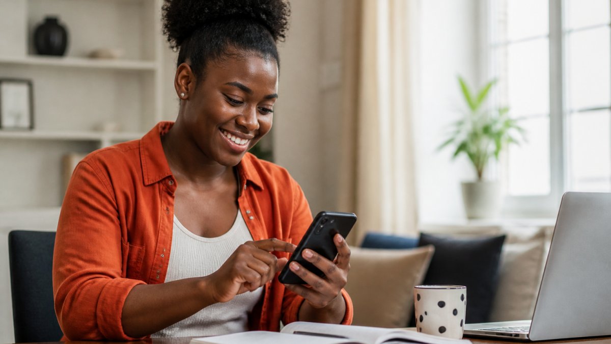 Smiling person using a smartphone for fast money transfers to Sierra Leone mobile in a bright room