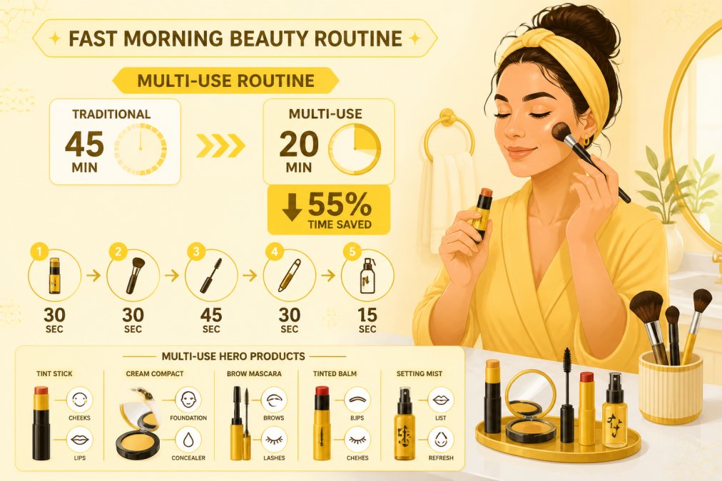 Woman applying makeup quickly in bright bathroom lighting, showing multi-step routine with brushes and products arranged on marble counter