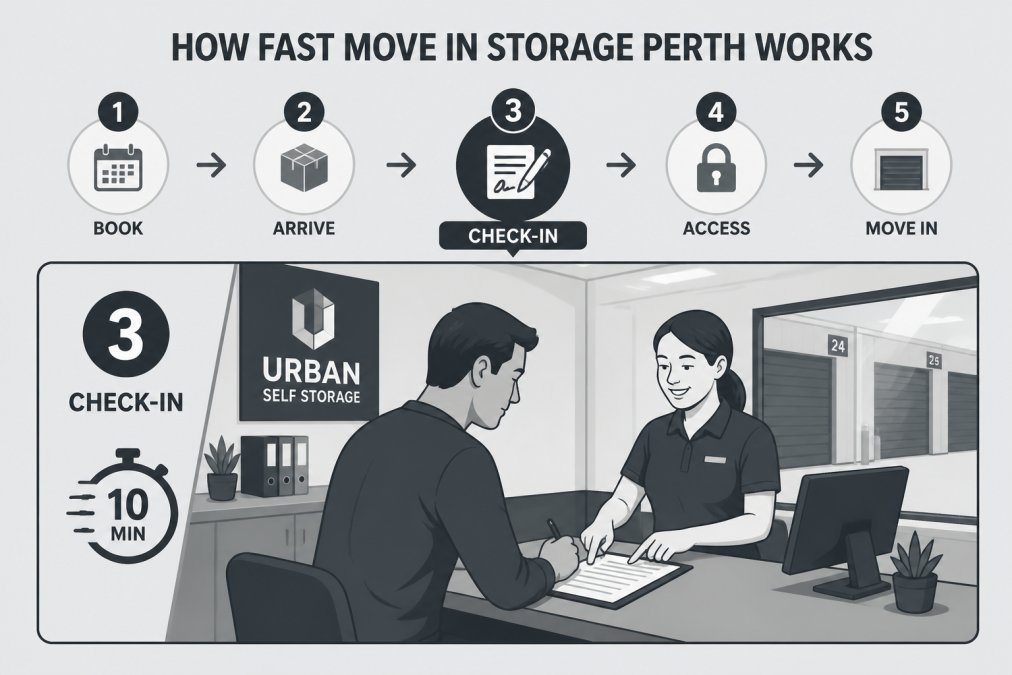 Customer signing paperwork at a modern storage facility counter with a staff member in a bright, clean office area showing the quick check-in process