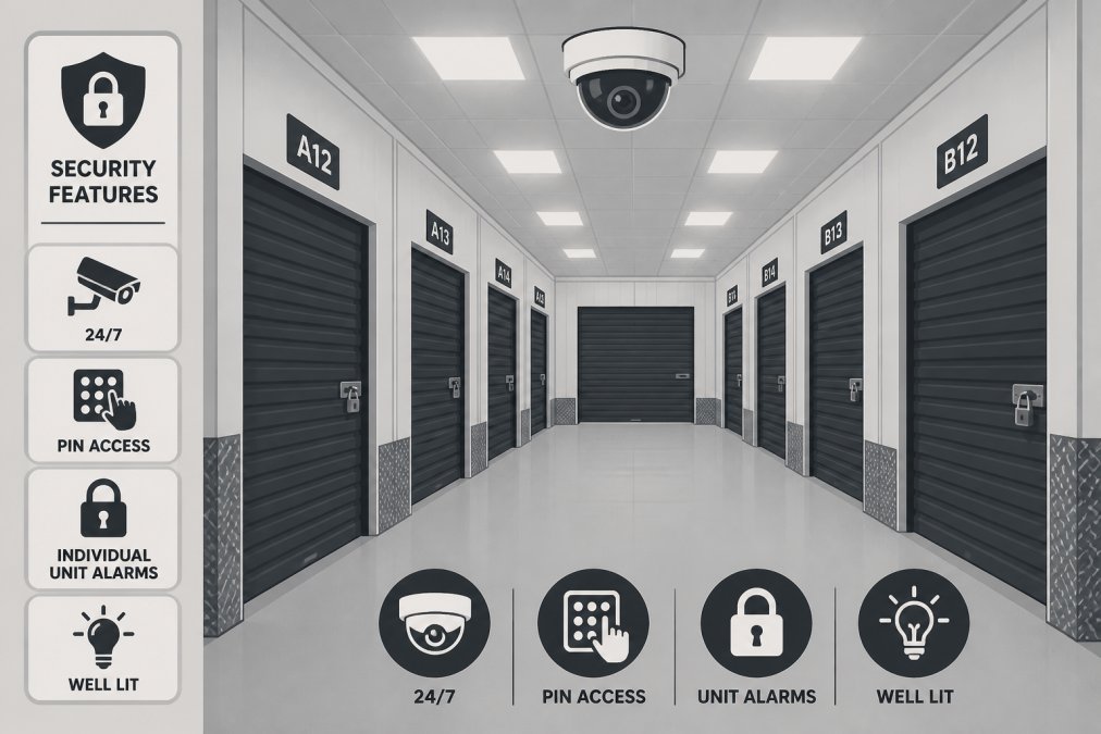 Interior view of a secure storage facility showing rows of clean, well-lit storage units with a visible security camera mounted on the ceiling