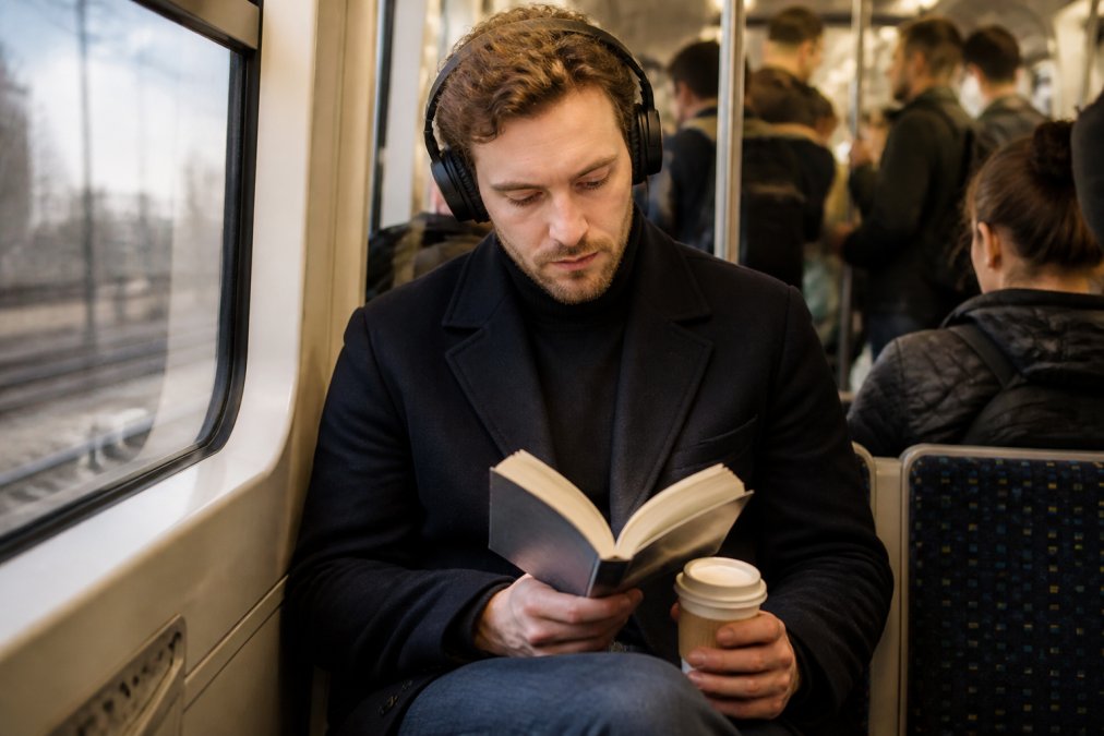 Commuter wearing headphones reading fast paced books for long commutes on a crowded train with coffee in hand