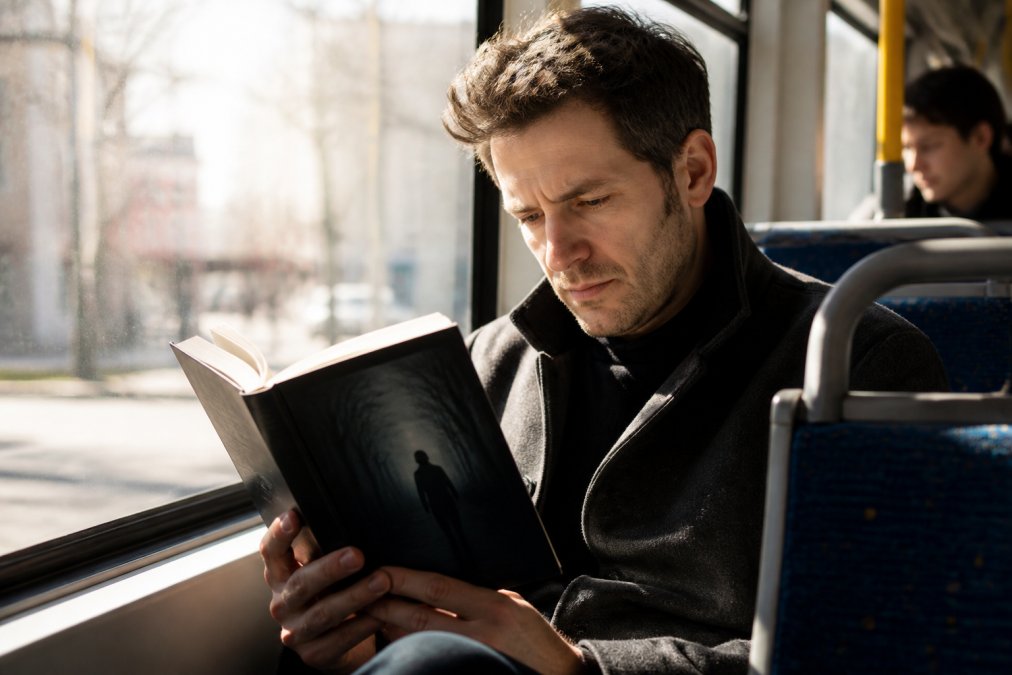 Professional illustration showing commuter and sitting and public concepts for mystery books for commuters