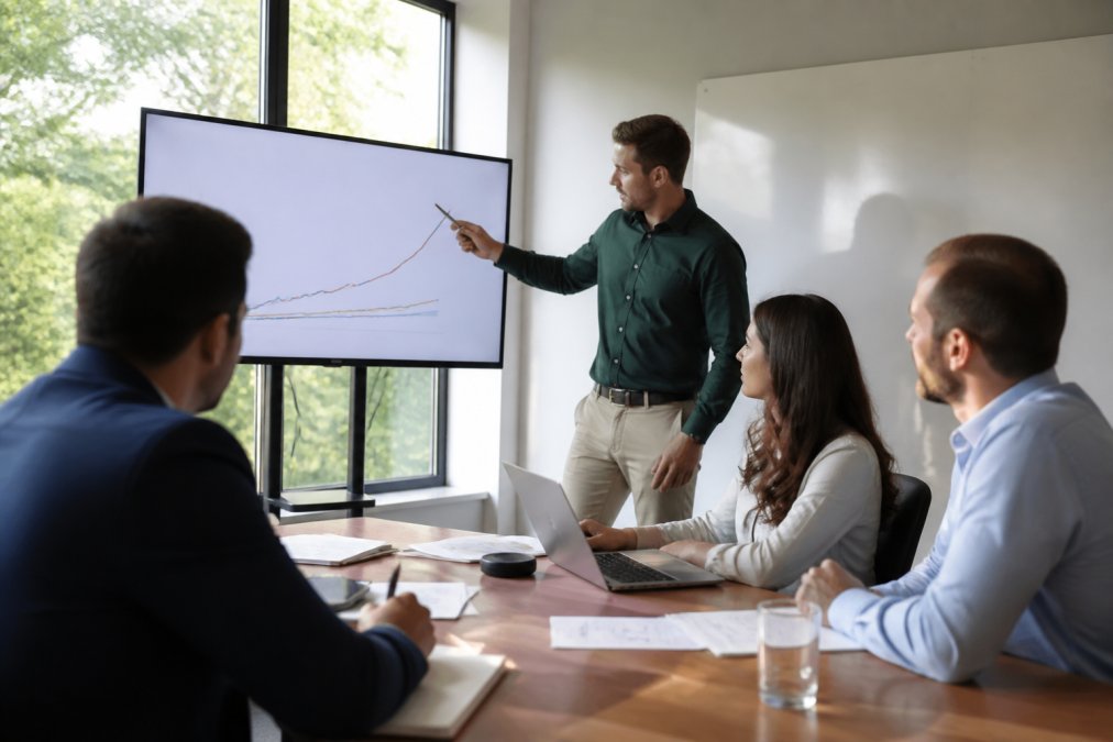 Sales team analysing a pipeline growth curve on a large screen in a modern office.