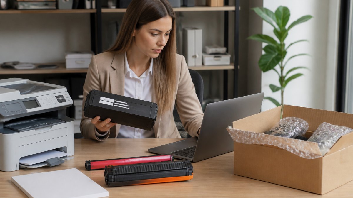 Office manager at desk with printer, holding a cartridge box, checking order details on laptop with delivery packaging visible nearby