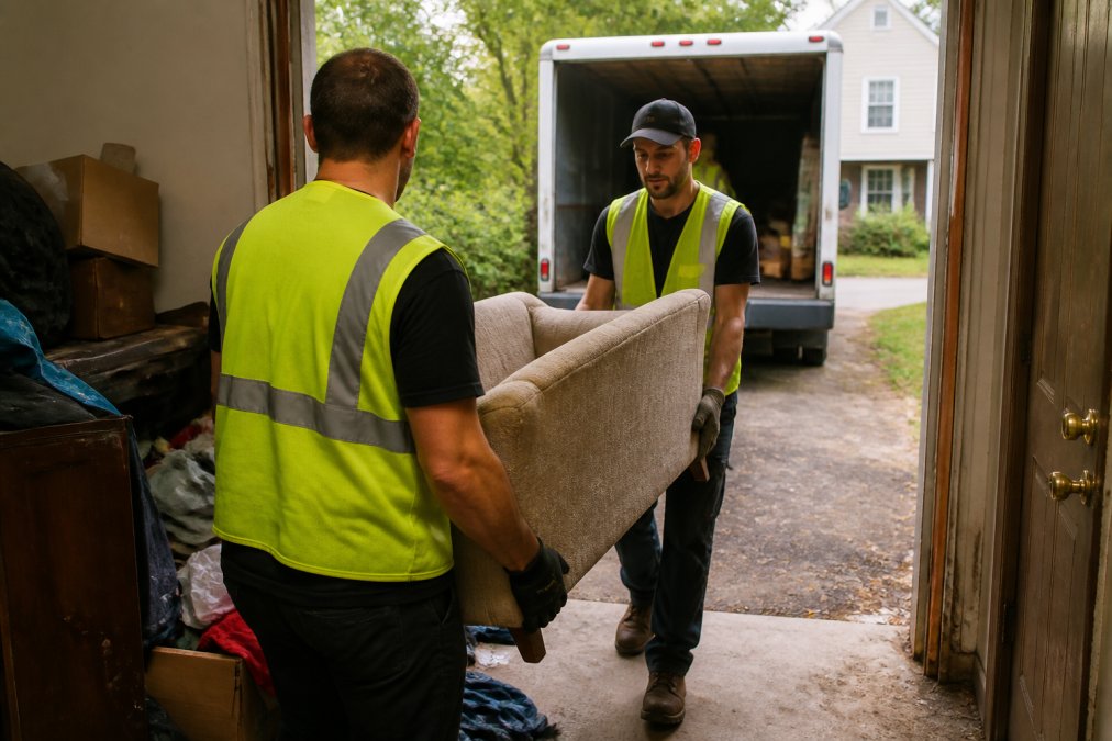 A two-person junk removal crew in work gloves and safety vests carefully carrying a large piece of furniture out of a cluttered home, with a box truck parked in the driveway behind them