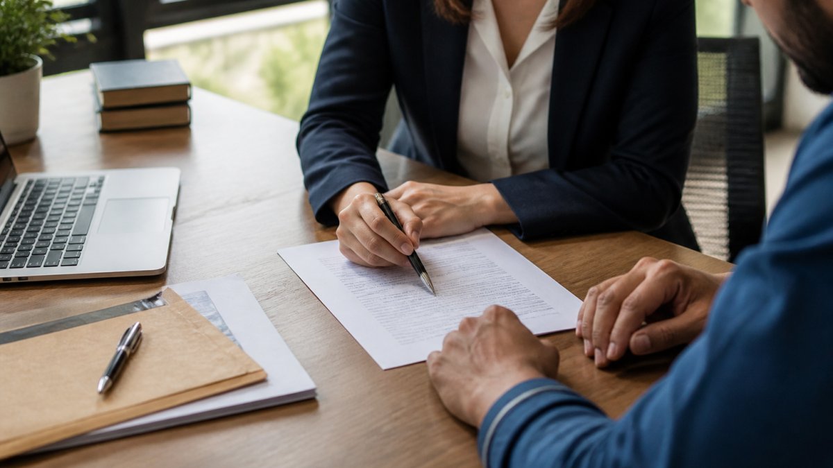 A solicitor and client reviewing property transfer documents together at a desk in a bright modern office, with a laptop and paperwork visible
