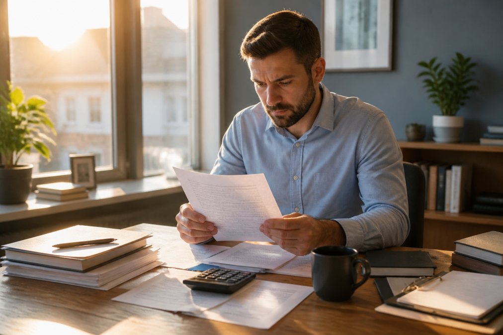 A real estate investor reviewing loan documents on a laptop at a tidy desk, with a calculator and coffee cup nearby, late afternoon light through a window