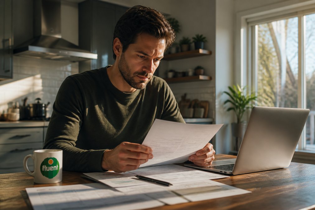 Homeowner reviewing pre-approval letter at kitchen table with laptop, financial documents spread out, natural morning light coming through window