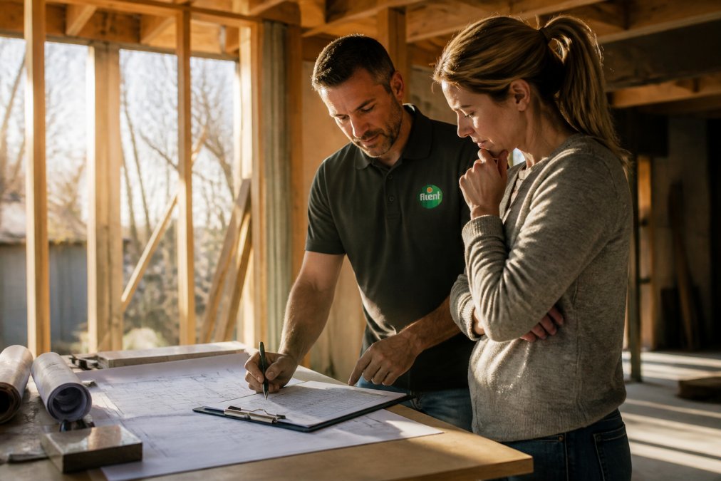 Contractor and homeowner reviewing detailed renovation plans and cost estimates on clipboard at kitchen renovation site, sunlight streaming through open framing