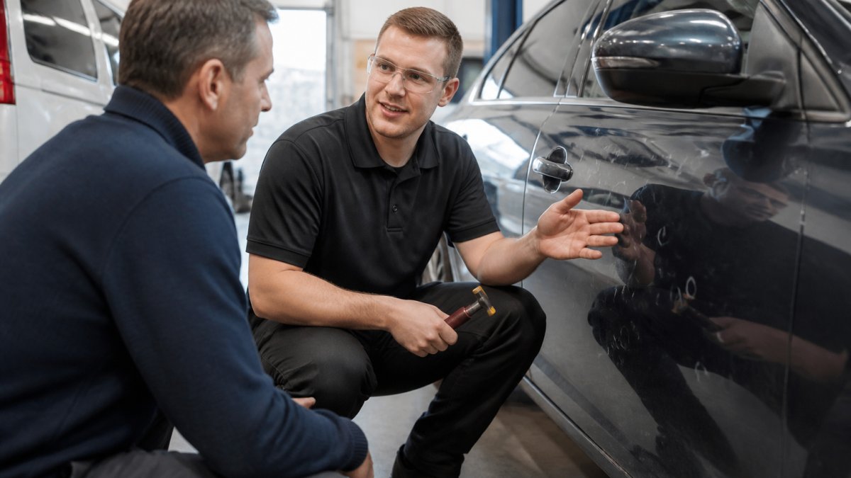 Professional repair technician in safety glasses discussing hail damage assessment and repair timeline with vehicle owner in modern auto repair shop, showing transparent communication and friendly service