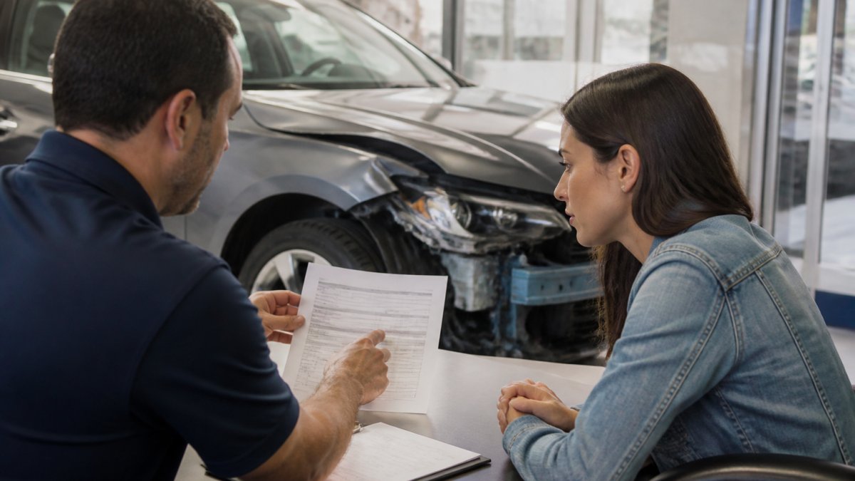 A service advisor and a vehicle owner reviewing a printed repair estimate next to a car with visible front-end damage inside a clean, well-lit auto body shop office