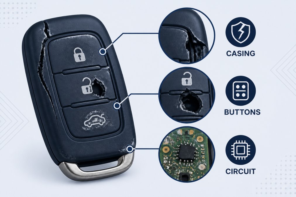 Close-up of a damaged car key fob with cracked plastic casing, broken button mechanism, and visible water damage on electronic components