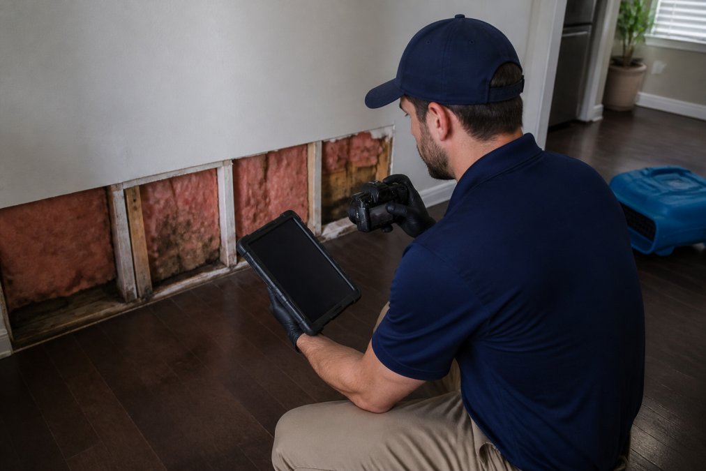 Restoration technician in IICRC-certified gear documenting water damage with camera and tablet while taking measurements at residential property entrance