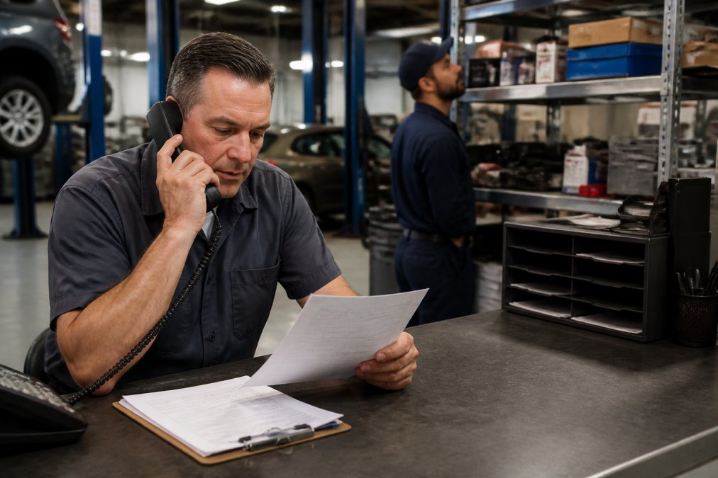 Service advisor checking repair orders to ensure fast response times for a busy auto repair shop customer